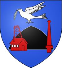 Wappen von Sallaumines mit Bergwerk und Schornstein sowie einer Taube