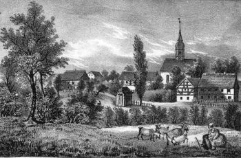 Die Ursprunger Kirche als alte Schwarz-Weiß-Zeichnung